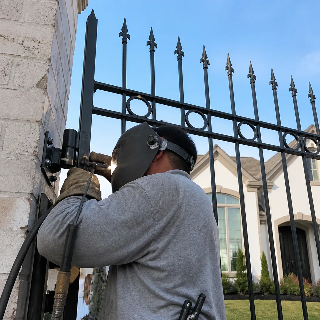 A professional welder performing gate repair and installation on an iron fence.