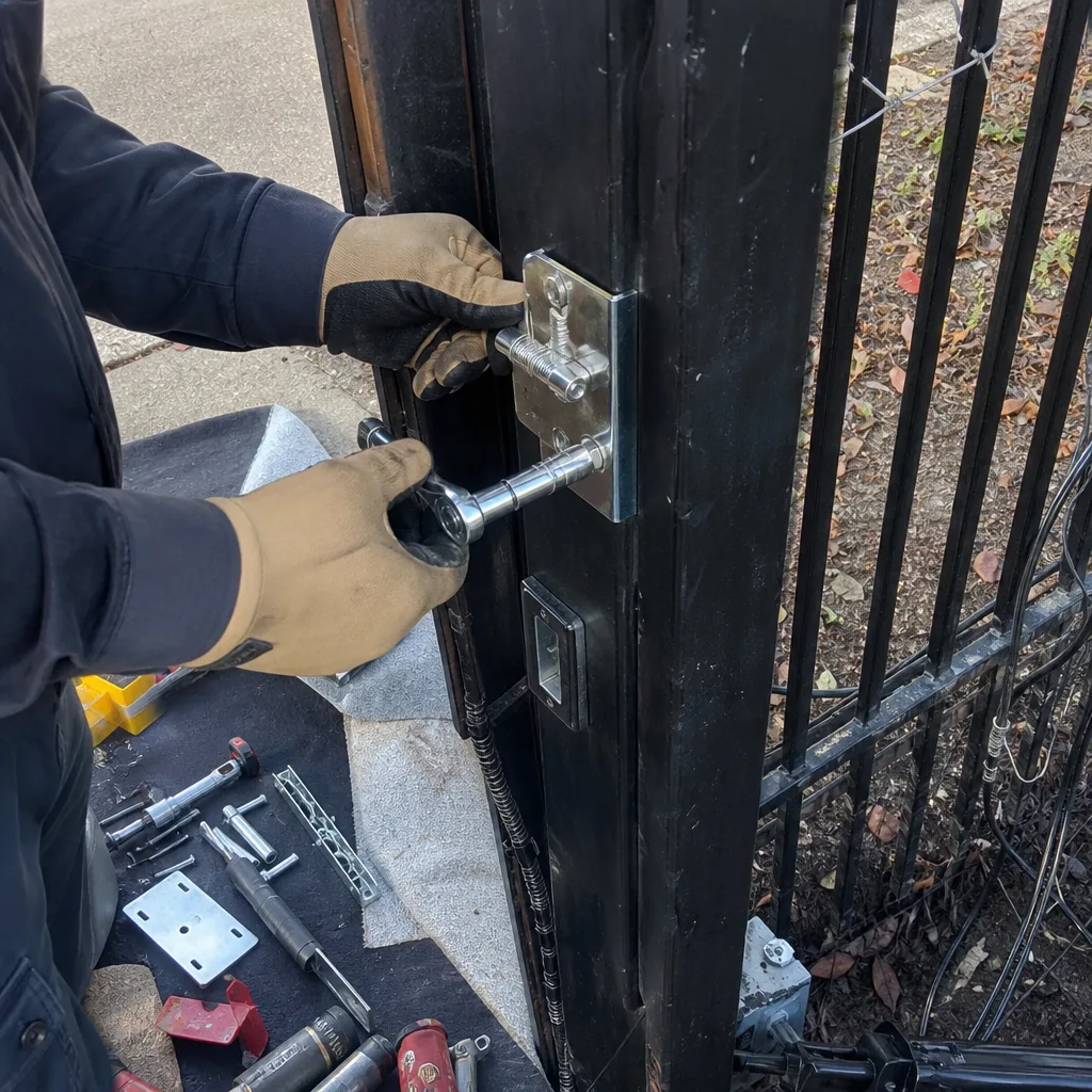 professional technician performing gate repair using hand tools