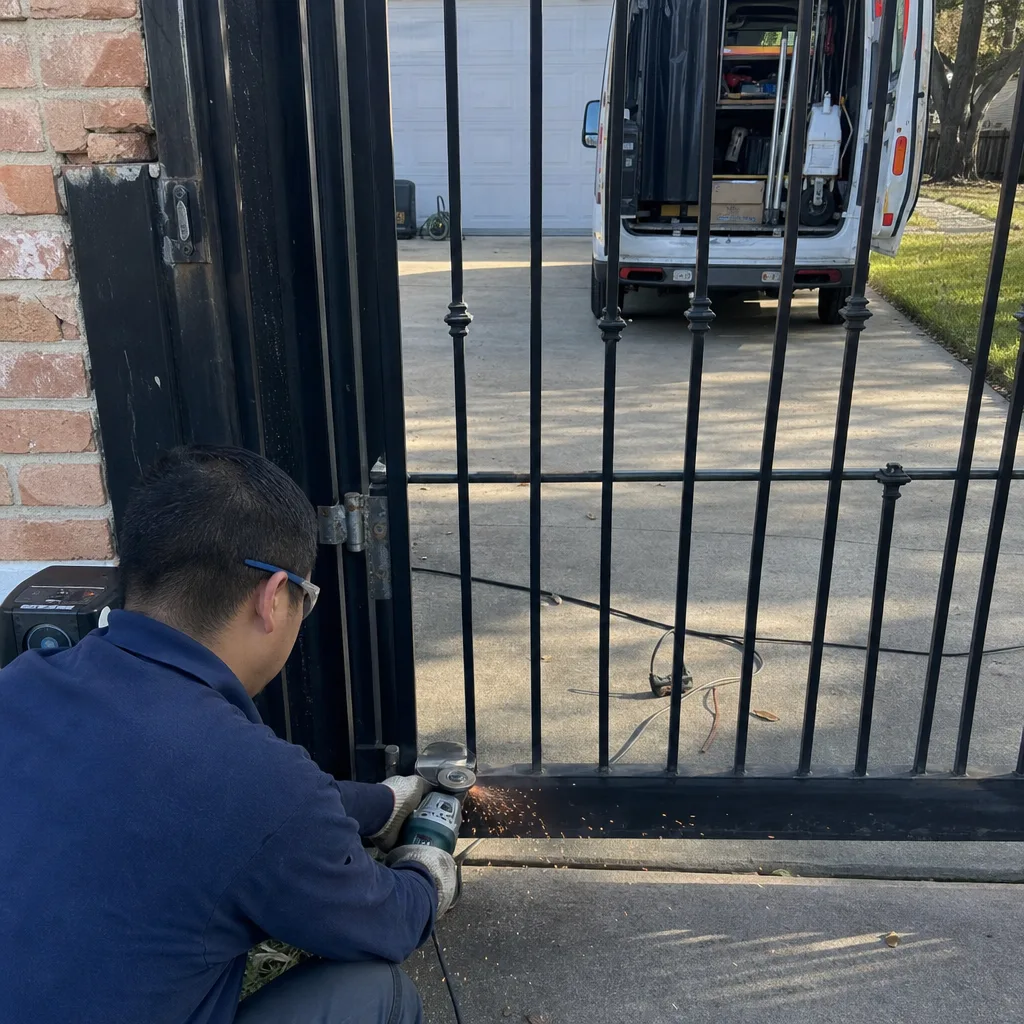 Technician using an angle grinder to perform metal gate repair.
