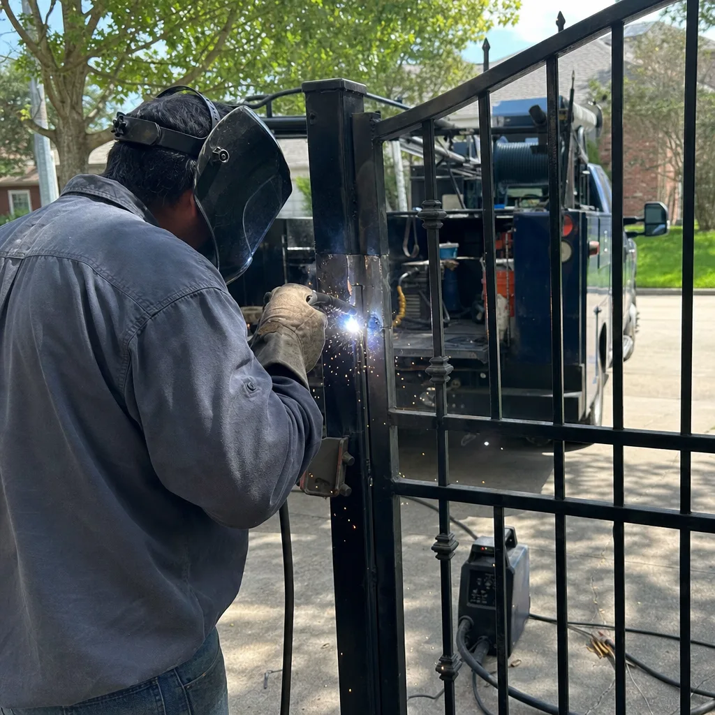 Professional welding technician performing expert metal gate repair service.